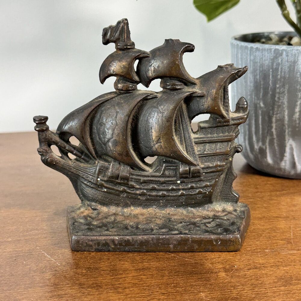 Vintage Cast Iron Galleon Ship Bookend Statue Elizabethan Era Nautical Decor